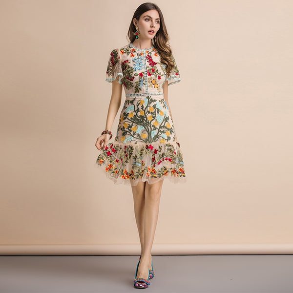 Runway Summer Dress Women's Flare Sleeve Floral Embroidery Elegant Mesh Hollow Out Midi Dresses