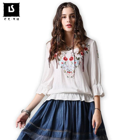 2020 New women elegant embroidery shirt flare sleeve O neck Blouses ladies summer autumn brand casual Retro tops Tees blusas