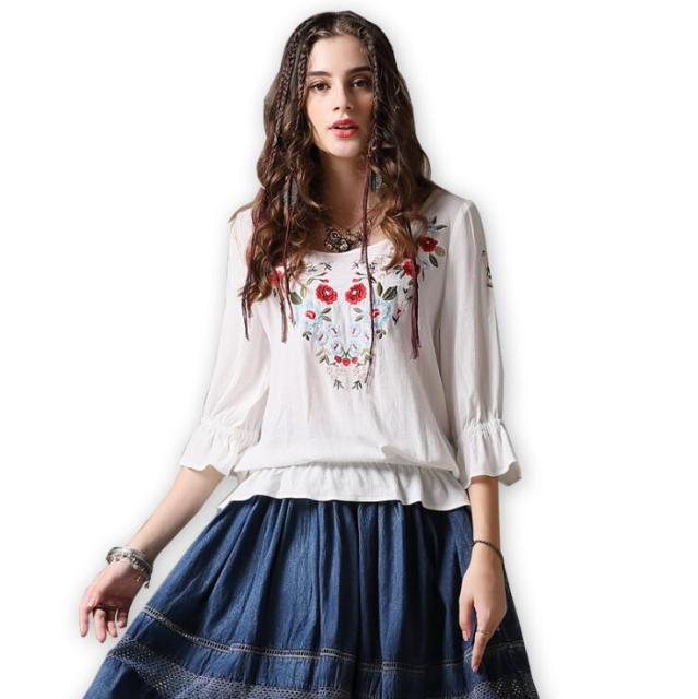 2020 New women elegant embroidery shirt flare sleeve O neck Blouses ladies summer autumn brand casual Retro tops Tees blusas