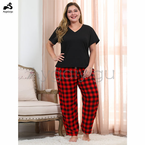 V-neck Short Sleeve Summer Clothing 2 Pcs Sleep Wear (Tops+Plaid Pants)