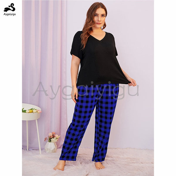 V-neck Short Sleeve Summer Clothing 2 Pcs Sleep Wear (Tops+Plaid Pants)