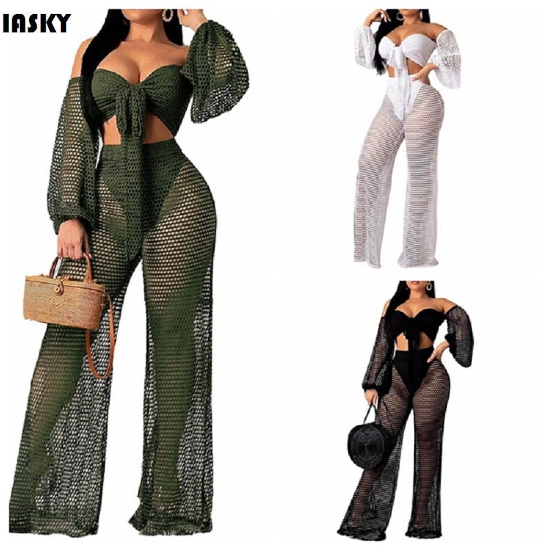 Women off shoulder Top+beach pants bikini swimwear swimsuit cover up beachwear 2PCS/SET