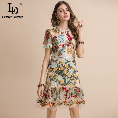 Runway Summer Dress Women's Flare Sleeve Floral Embroidery Elegant Mesh Hollow Out Midi Dresses