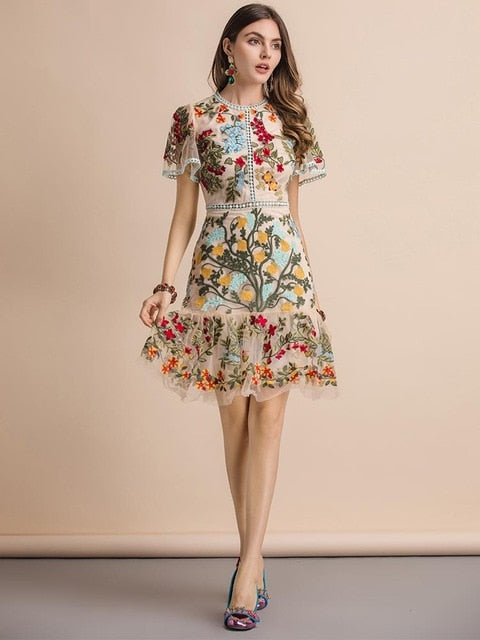 Runway Summer Dress Women's Flare Sleeve Floral Embroidery Elegant Mesh Hollow Out Midi Dresses