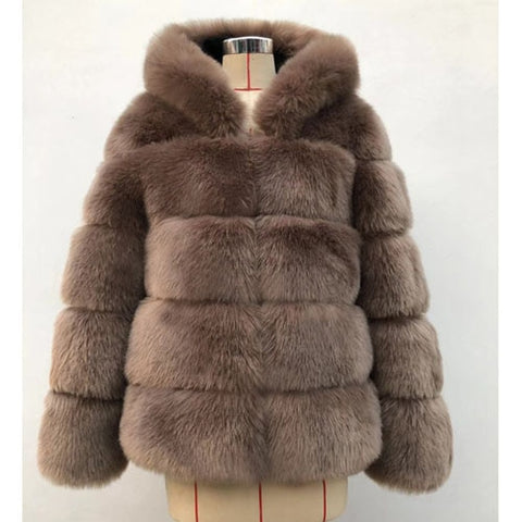 Women Hooded Long Sleeve Faux Fur Jacket