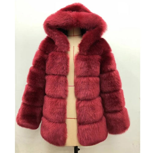 Women Hooded Long Sleeve Faux Fur Jacket