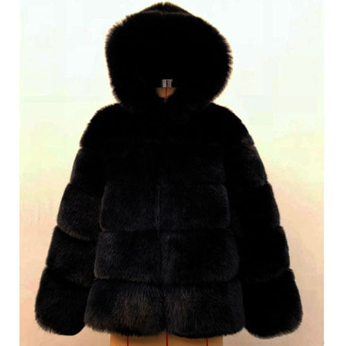 Women Hooded Long Sleeve Faux Fur Jacket