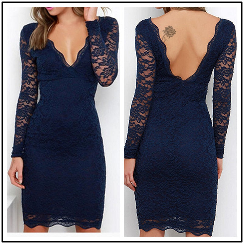 Foreign trade dress in long lace stitching long-sleeved v-neck dress sexy