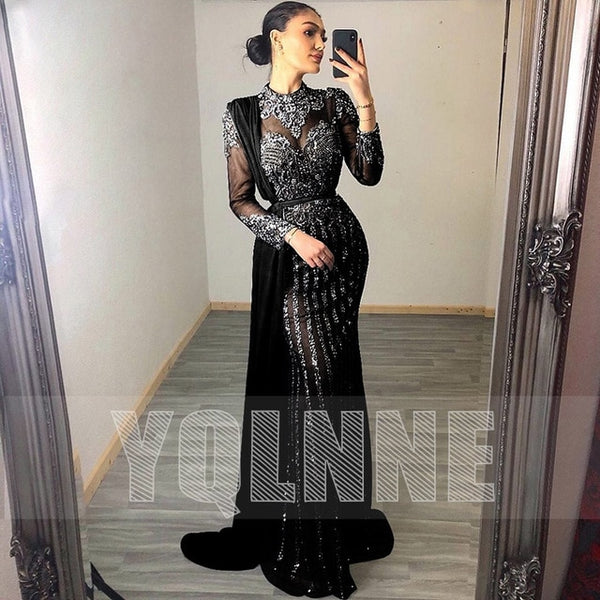 Gray Muslim Rhinestones Evening Dresses High Neck Long Sleeve Mermaid Gown For Women Party