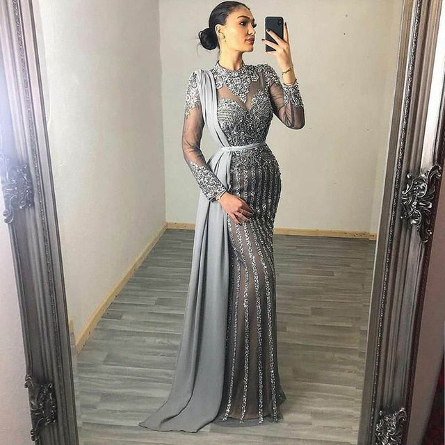 Gray Muslim Rhinestones Evening Dresses High Neck Long Sleeve Mermaid Gown For Women Party