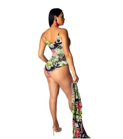 Fashion Print Floral Bikini 2pcs Cardigan Swimsuit Cover Up