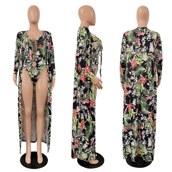 Fashion Print Floral Bikini 2pcs Cardigan Swimsuit Cover Up