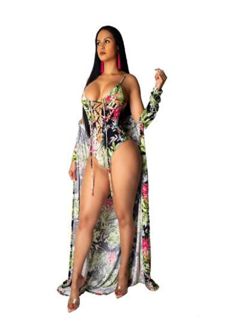 Fashion Print Floral Bikini 2pcs Cardigan Swimsuit Cover Up