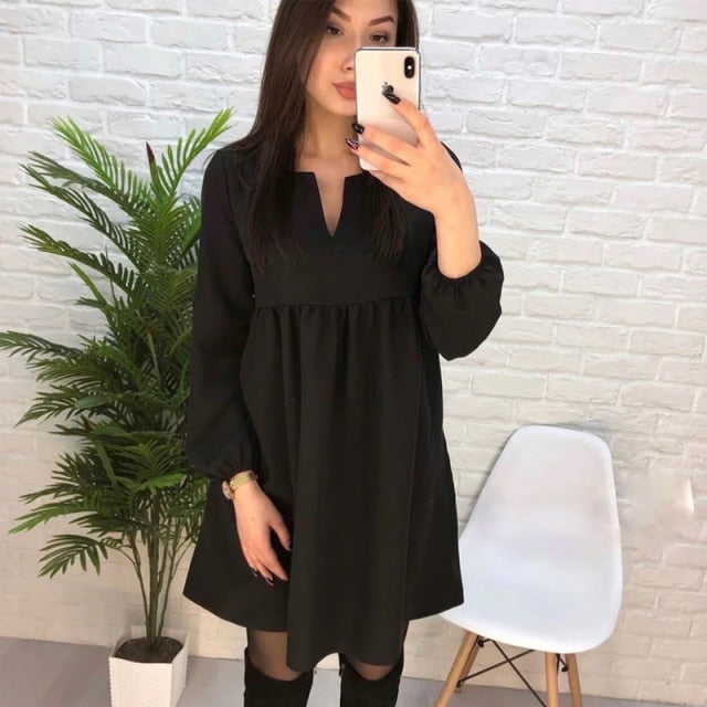 Women Casual  High Waist Mini Dress Long sleeve Sexy V-Neck Solid Color Party Lantern Sleeve Dress 2021 Autumn New Fashion Dress