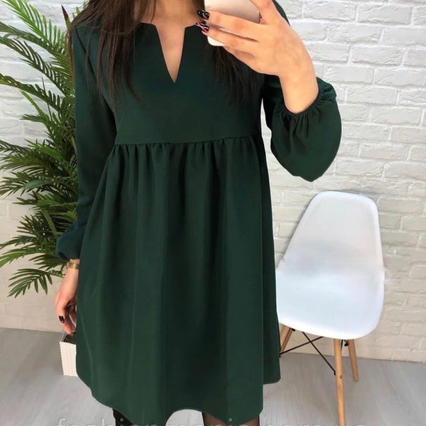 Women Casual  High Waist Mini Dress Long sleeve Sexy V-Neck Solid Color Party Lantern Sleeve Dress 2021 Autumn New Fashion Dress