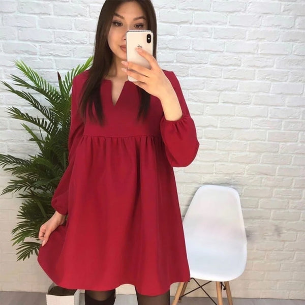 Women Casual  High Waist Mini Dress Long sleeve Sexy V-Neck Solid Color Party Lantern Sleeve Dress 2021 Autumn New Fashion Dress