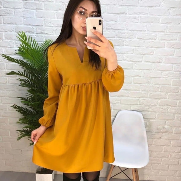 Women Casual  High Waist Mini Dress Long sleeve Sexy V-Neck Solid Color Party Lantern Sleeve Dress 2021 Autumn New Fashion Dress