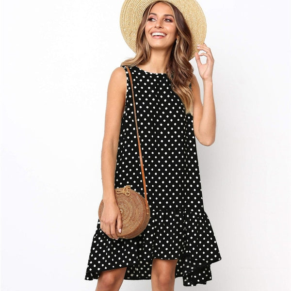 Lossky Women Summer Dress Polka Dot Chiffon Sleeveless Beach Mini Casual Yellow Sundress 2021 Fashion Plus Size Dress For Women