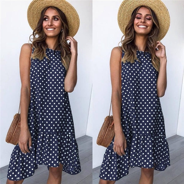 Lossky Women Summer Dress Polka Dot Chiffon Sleeveless Beach Mini Casual Yellow Sundress 2021 Fashion Plus Size Dress For Women