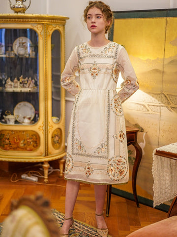 Short Dress Ladies Retro Handmade Limited Edition Antique Exquisite Silk Embroidery Dress