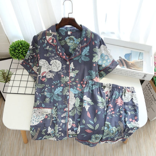 JULY'S SONG Viscose Women Pajamas Casual Turn-down Collar Short Sleeve Sleepwear Printed Summer Pyjama Shorts Female Homewear