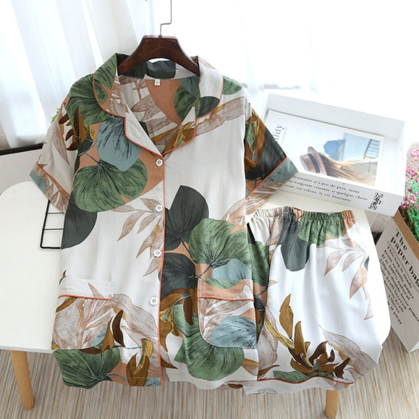 JULY'S SONG Viscose Women Pajamas Casual Turn-down Collar Short Sleeve Sleepwear Printed Summer Pyjama Shorts Female Homewear