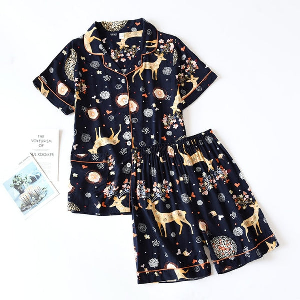 JULY'S SONG Viscose Women Pajamas Casual Turn-down Collar Short Sleeve Sleepwear Printed Summer Pyjama Shorts Female Homewear