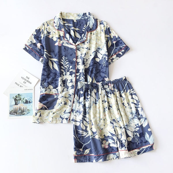 JULY'S SONG Viscose Women Pajamas Casual Turn-down Collar Short Sleeve Sleepwear Printed Summer Pyjama Shorts Female Homewear