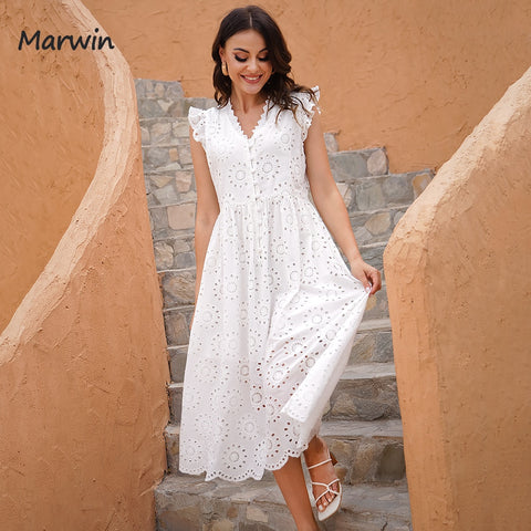 Marwin Long Simple Casual Solid Hollow Out Pure Cotton Holiday Style High Waist Fashion Mid-Calf Summer Dresses NEW Vestidos