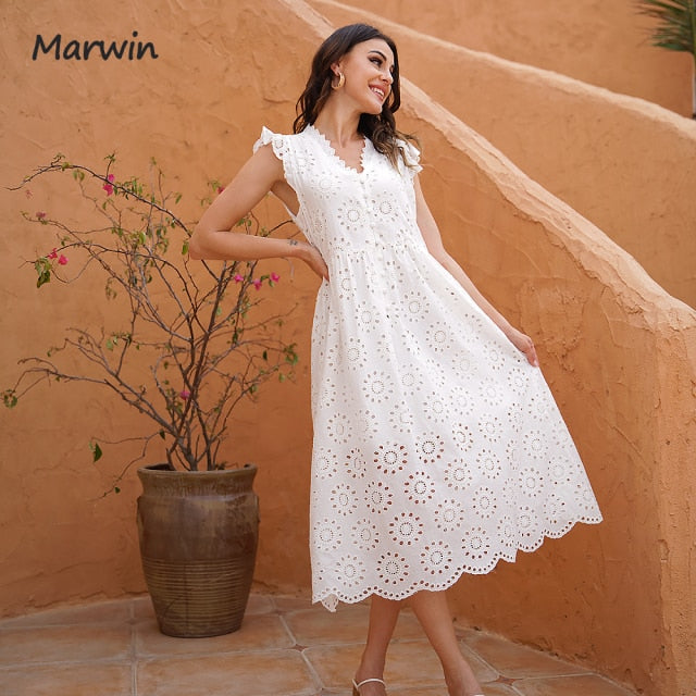 Marwin Long Simple Casual Solid Hollow Out Pure Cotton Holiday Style High Waist Fashion Mid-Calf Summer Dresses NEW Vestidos