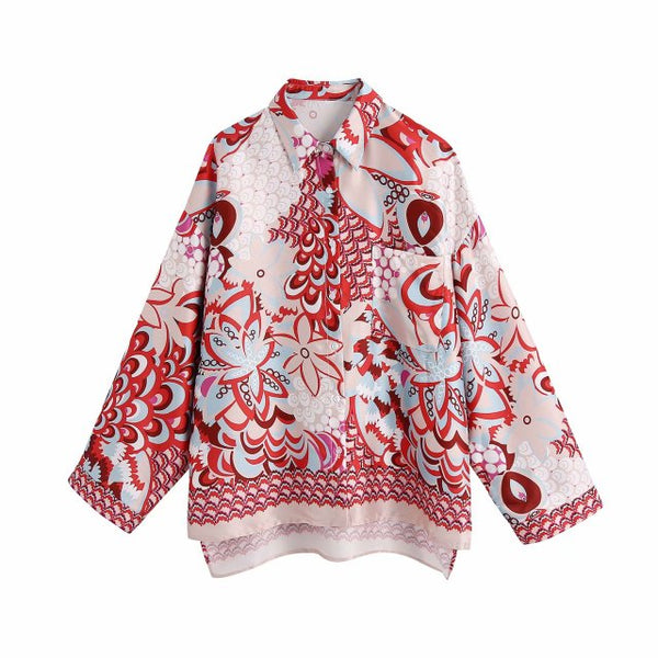 Woman Red Print Shirt Suits 2021 Spring Fashion Ladies Indie Folk Suits Ladies Vinatge Beach Suits