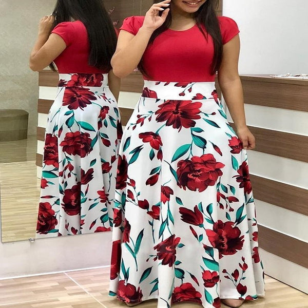 Plus Size Women's Summer Print Stitching Flower Long Banquet Dress 2021 Bodycon Dress Elegant Sexy Woman Super Long Dress