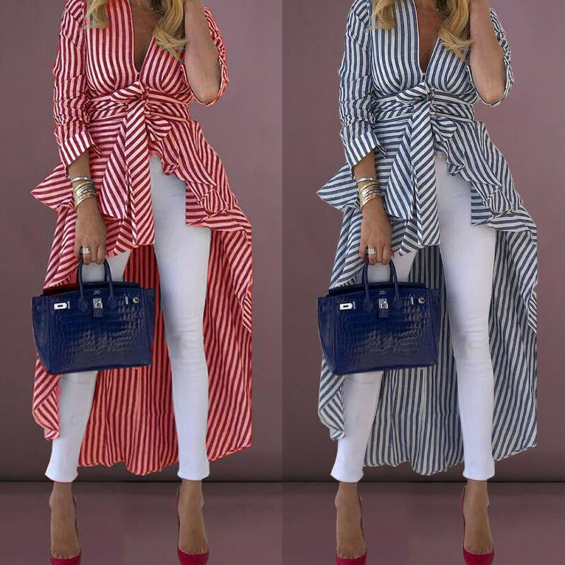 Women Stripe Shirts Long Sleeve V-neck Loose Tops Blouse Striped Tied Front Dip Hem Shirt With Belt Long Shirts