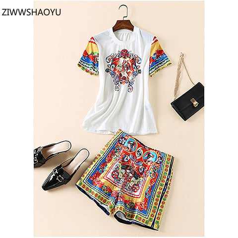 Women Casual Shorts Set O-Neck Short Sleeve Print T-Shirt Top + High Waist Vintage Printing Shorts 2 Piece Set