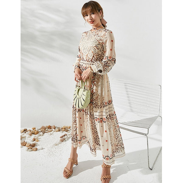 Dress Women Vintage Printed 100% Silk Shell+ Underskirt O Neck Long Sleeves High Quality A-line Long Dresses Ladies New Fashion