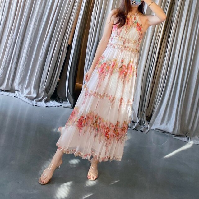 Silk Halterneck Floral Print Silk Long Dress Women