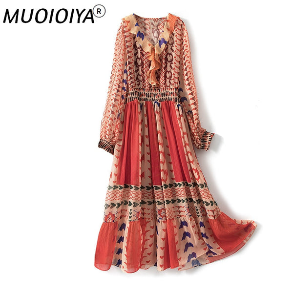 Casual Long Sleeve GEOMETRIC Print Loose Chiffon Dress Female