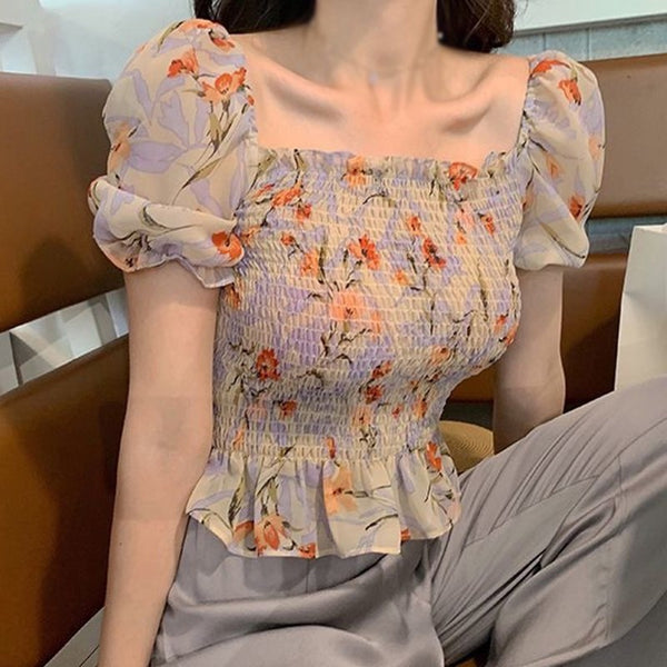 Ladies Summer New Floral Print Sexy Sweet Slash Neck Chiffon Shirt Sweet Style Slim Puff Sleeve Blouse Tops