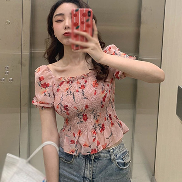 Ladies Summer New Floral Print Sexy Sweet Slash Neck Chiffon Shirt Sweet Style Slim Puff Sleeve Blouse Tops