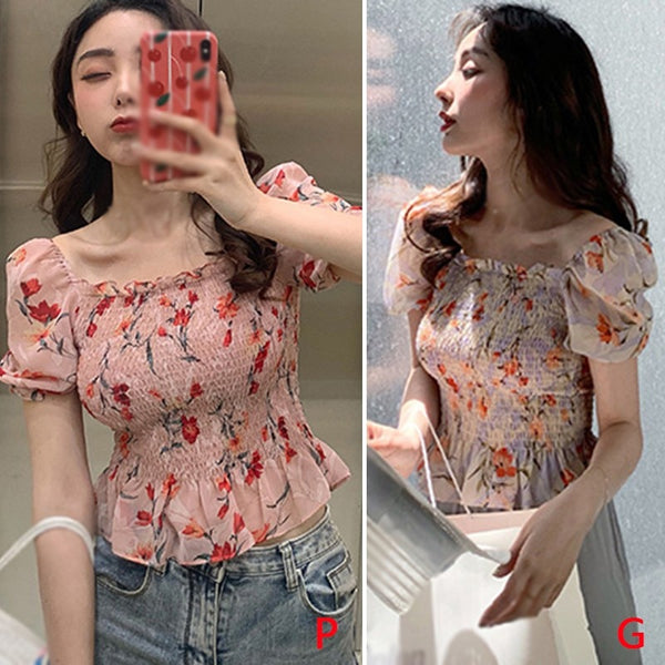 Ladies Summer New Floral Print Sexy Sweet Slash Neck Chiffon Shirt Sweet Style Slim Puff Sleeve Blouse Tops