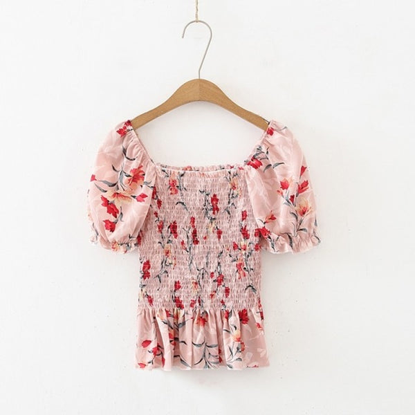 Ladies Summer New Floral Print Sexy Sweet Slash Neck Chiffon Shirt Sweet Style Slim Puff Sleeve Blouse Tops