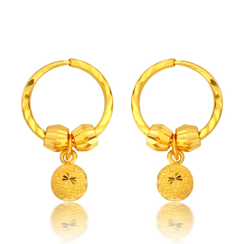 Pure 999 24K Yellow gold Sandstone Beads Hoop Earrings 4.11g