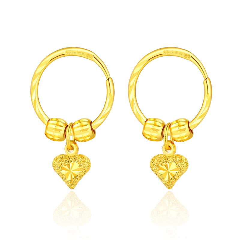 New 999 Real 24k Yellow Gold Heart Hoop Earrings 4.99g