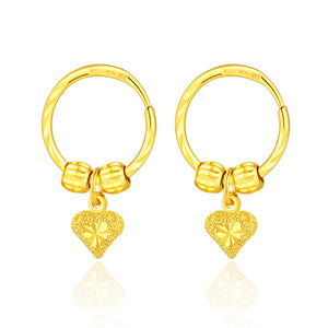 New 999 Real 24k Yellow Gold Heart Hoop Earrings 4.99g