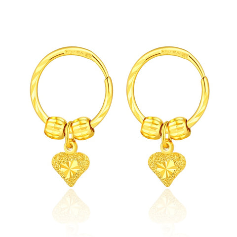 New 999 Real 24k Yellow Gold Heart Hoop Earrings 4.99g