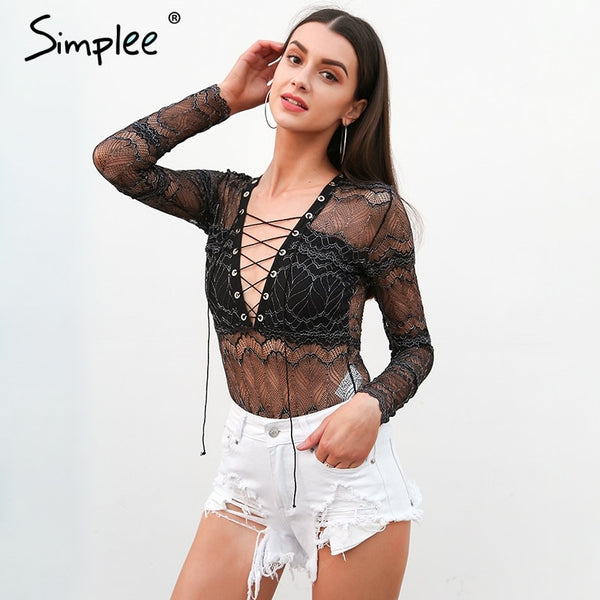 V Neck Transparent Mesh Long Sleeve