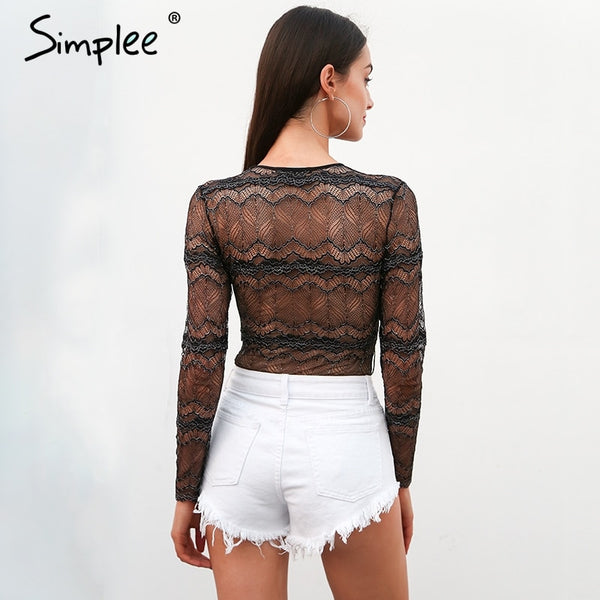 V Neck Transparent Mesh Long Sleeve