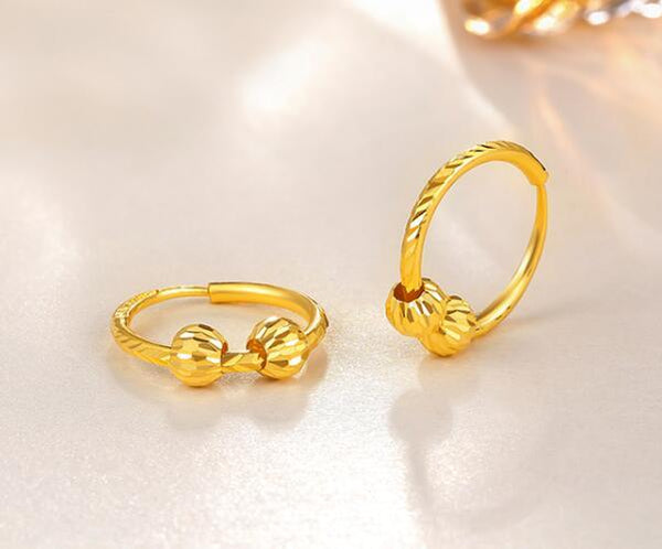 Solid Pure 24K Yellow Gold Earrings Women 999 Gold Carved Hoop Earrings